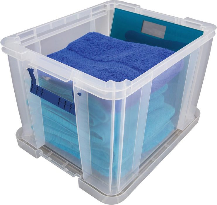 Bankiersdoos opbergbox 36 liter, transparant met blauwe handvatten