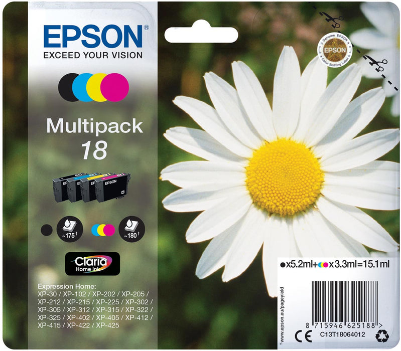 Epson inktcartridge 18, 175 pagina's, OEM C13T18064012, 4 kleuren
