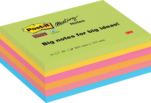 Post-it Super Sticky Meeting notes, 45 vel, ft 203 x 153 mm, geassorteerde kleuren, pak van 6 blokken 8 stuks, OfficeTown