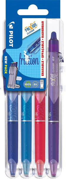 Pilot FriXion Ball Clicker 2 Go, medium punt, 0,7 mm, 4 stuks in blisterverpakking