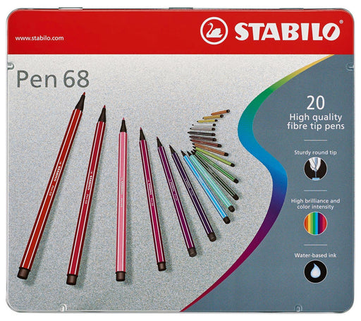 STABILO Pen 68 viltstift, metalen doos van 20 stiften in geassorteerde kleuren 5 stuks, OfficeTown