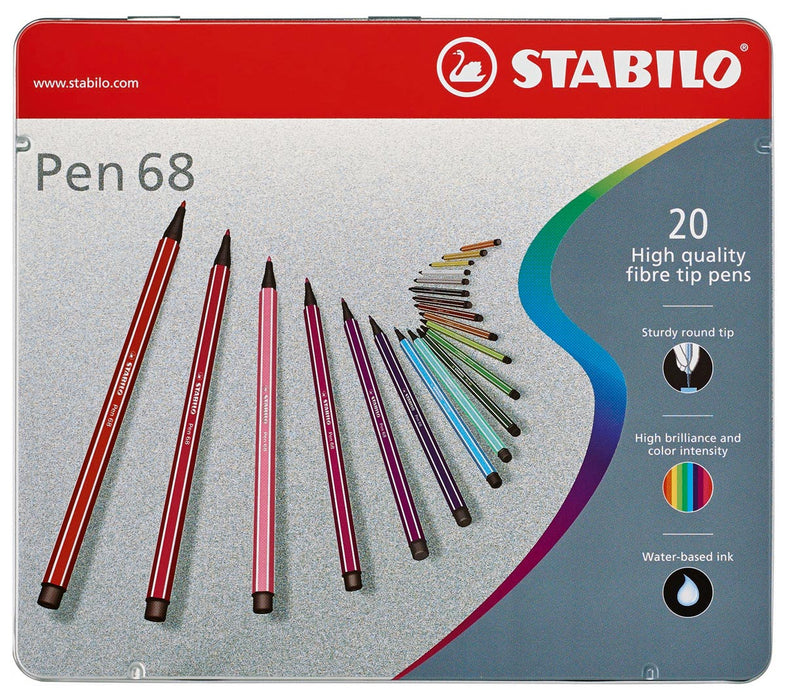 STABILO Pen 68 viltstift, metalen doos van 20 stiften in geassorteerde kleuren