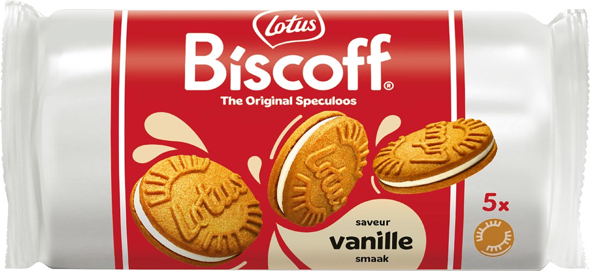 Lotus Biscoff Gevulde Speculoos, Display van 16 stuks met 5 koekjes, 50 g, Vanille