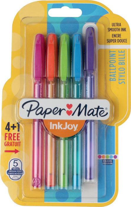 Balpen Paper Mate InkJoy 100 met dop, blister van 4 stuks in verschillende vrolijke kleuren