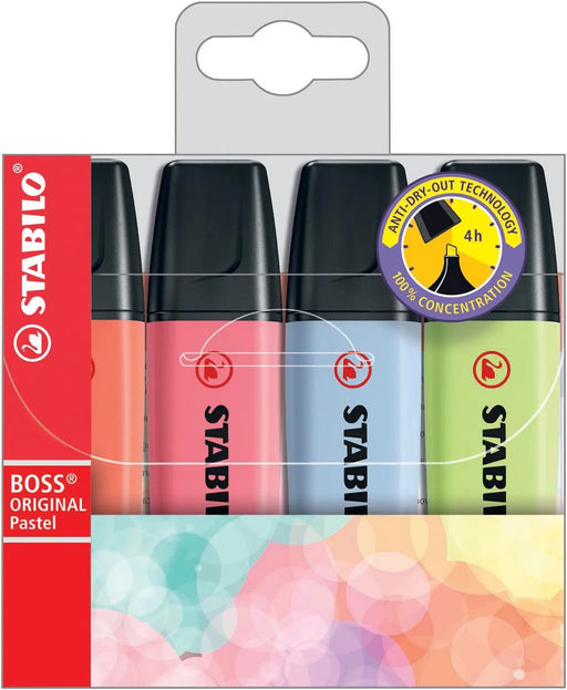 STABILO BOSS ORIGINAL Pastel markeerstift, etui van 4 stuks in geassorteerde kleuren 5 stuks, OfficeTown