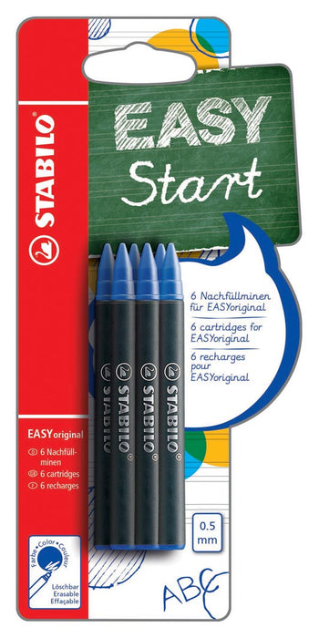Stabilo EASYoriginal rollervulling, medium, 0,5mm, set van 6 stuks, blauw met uitwisbare inkt