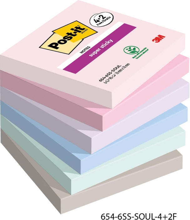 Post-it Super Sticky notities Soulful, 90 vel, afm. 76 x 76 mm, 4 + 2 GRATIS