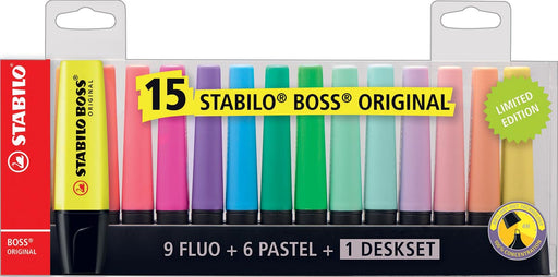 STABILO BOSS ORIGINAL Pastel markeerstift, deskset van 15 stuks in geassorteerde kleuren 5 stuks, OfficeTown