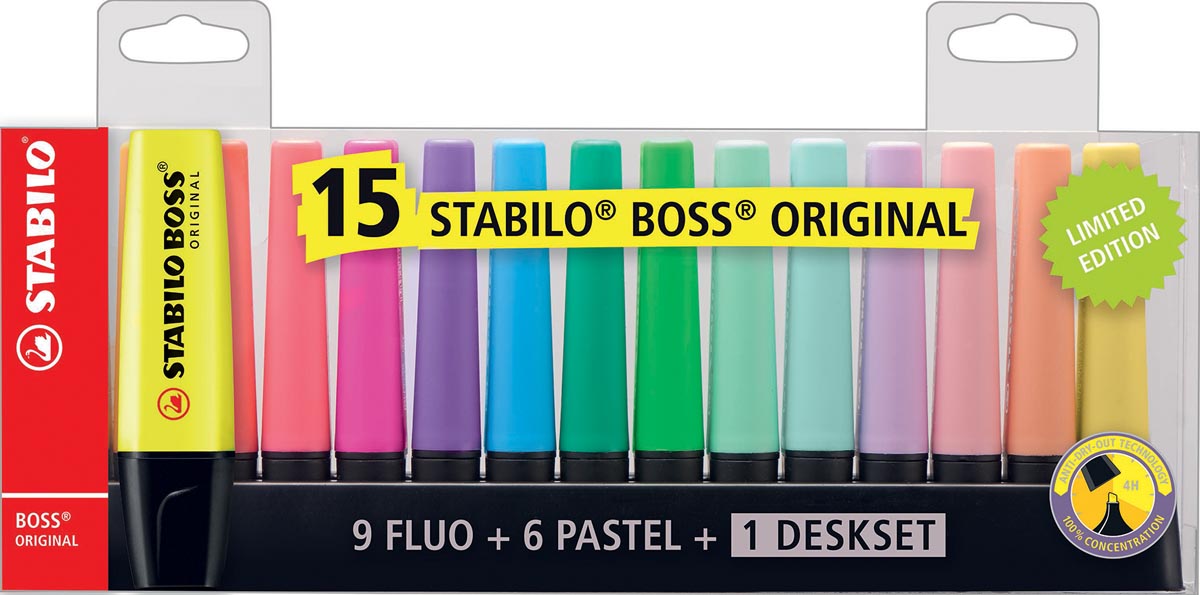 STABILO BOSS ORIGINAL Pastel markeerstiften, set van 15 in diverse kleuren met ergonomisch bureauhouder