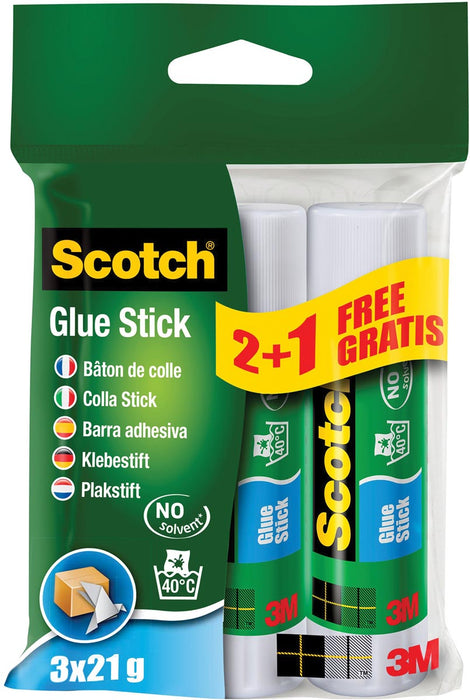 Scotch permanent lijmstift 21 g, verpakking van 3 (2 + 1 GRATIS)