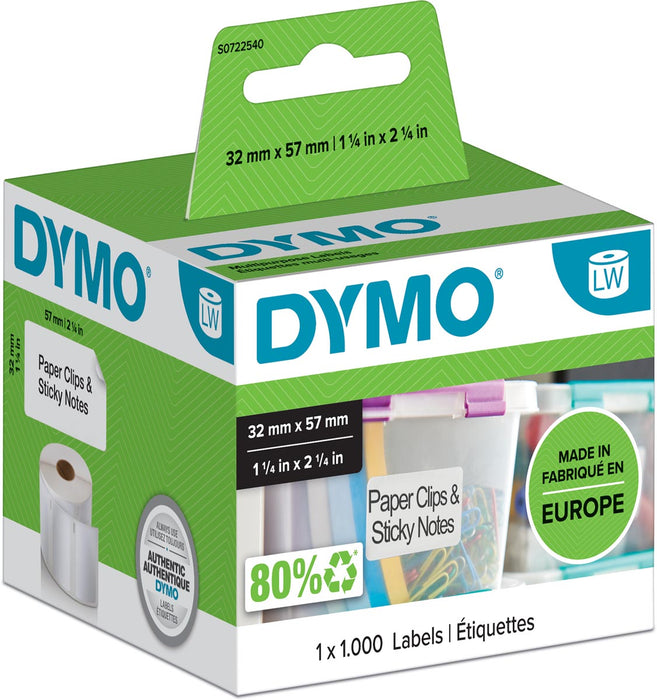 Dymo etiketten LabelWriter ft 57 x 32 mm, verwijderbaar, wit, 1000 etiketten