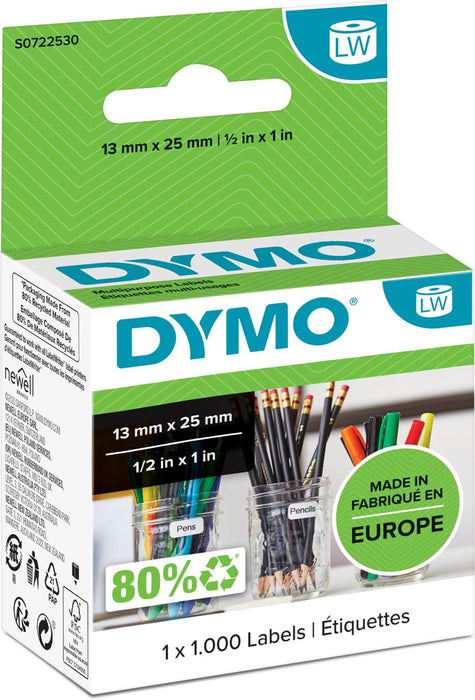 Dymo etiketten LabelWriter ft 13 x 25 mm, verwijderbaar, wit, 1000 etiketten