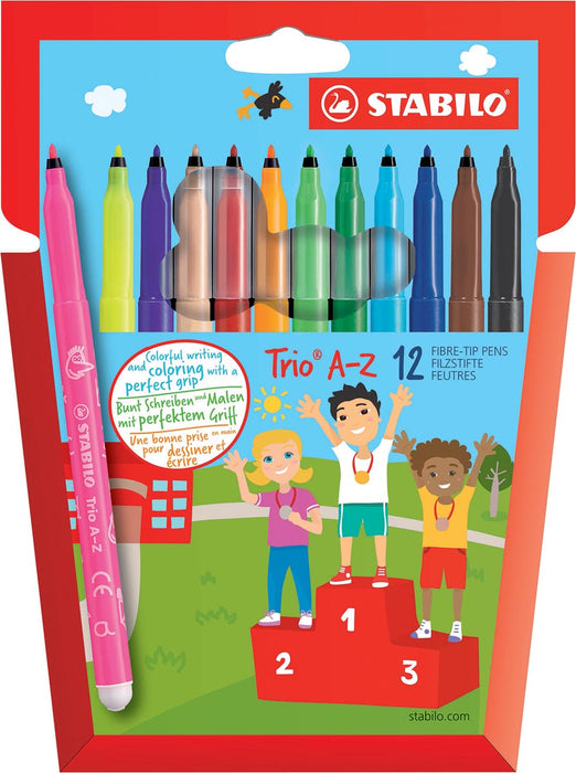 STABILO Trio A-Z viltstift, etui van 12 stuks in geassorteerde kleuren 6 stuks