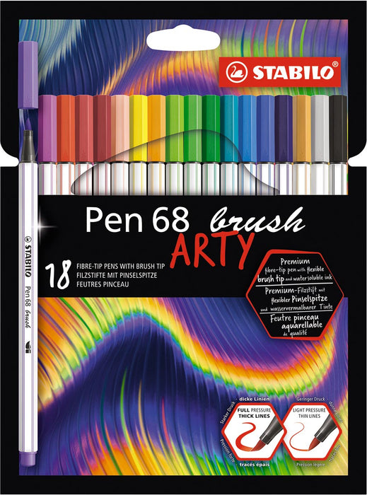 STABILO pen 68 brush ARTY, set van 18 stuks, assorti met aquarel penseelstift