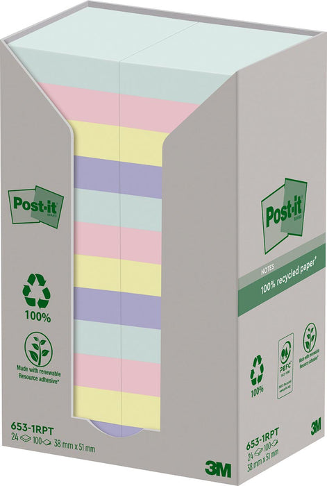 Post-it gerecycleerde notities Natuur, 100 vel, afm 38 x 51 mm, pak van 24 blokken, assorti kleuren