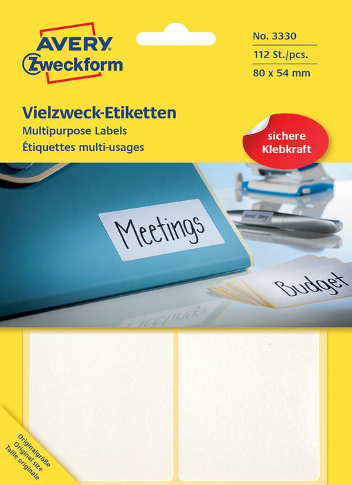 Avery Zweckform 3330 universele etiketten ft 80 x 54 mm (b x h), 112 etiketten, wit - Permanent, Op blister, 112 stuks, 4 per vel