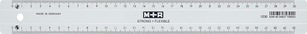 M+R Sterke & Flexibele liniaal, met schaalverdeling voor zowel rechts- als linkshandigen, 30 cm, doorzichtig