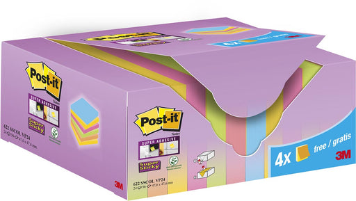 Post-it Super Sticky Notes Colour, 90 vel, ft 47,6 x 47,6 mm, 20 + 4 GRATIS 6 stuks, OfficeTown