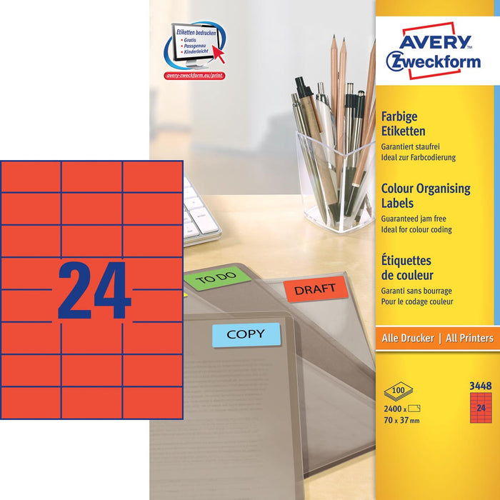 Avery etiketten ILC ft 70 x 37 mm (b x h), 2400 etiketten per doos, 24 per blad, rood 5 stuks, OfficeTown