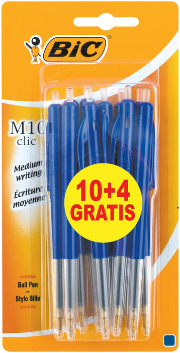 Bic balpen M10 Clic, 0,4 mm, medium punt, blauw, blister 10 stuks + 4 gratis