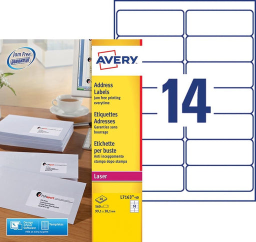 Adresetiketten Avery L7163 Laser Ultragrip Wit 40 Vellen 14 per vel 99,1 x 38,1 mm - OfficeTown