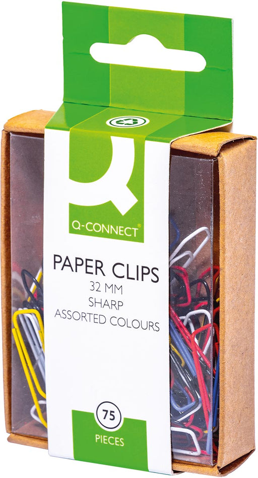Q-CONNECT papierklemmen, 32 mm, doos van 75 stuks, ophangbaar, geassorteerde kleuren. 10 stuks, OfficeTown
