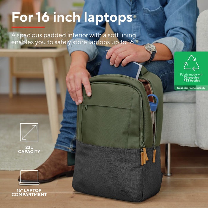 Trust laptoprugzak Lisboa voor 16 inch laptops, groen met veel opbergruimte
