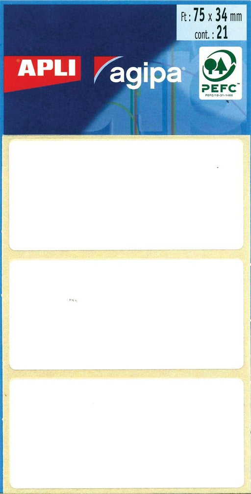Agipa permanent witte etiketten in etui ft 34 x 75 mm (b x h), 21 stuks, 3 per blad - OfficeTown