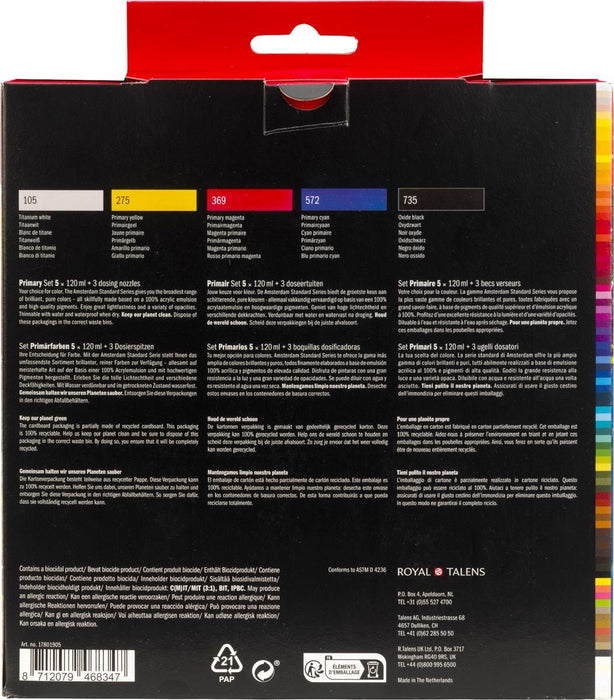 Amsterdam acrylverf primair 120 ml, 5 tubes + 3 tuiten - OfficeTown