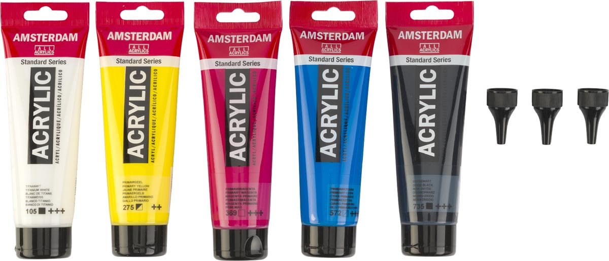 Amsterdam acrylverf primair 120 ml, 5 tubes + 3 tuiten - OfficeTown