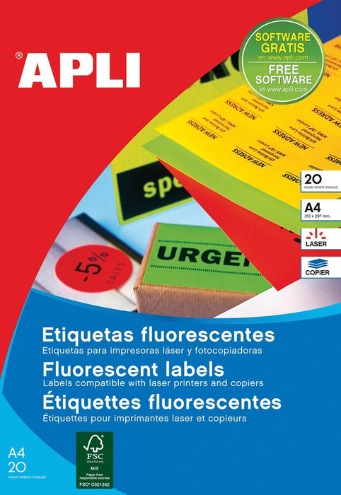 Apli fluorescerende etiketten 64 x 33,9 mm (b x h) geel met etui van 20 vellen - OfficeTown