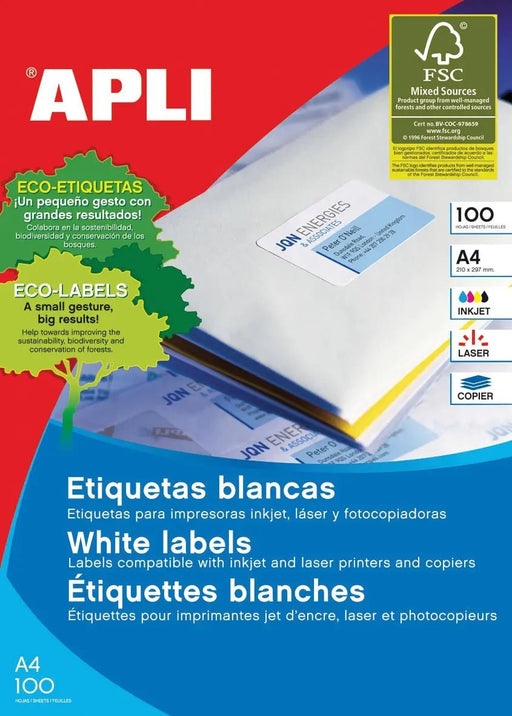 Apli Witte etiketten, doos van 100 vel, ft 99,1 x 38,1 mm (b x h), 1.400 stuks, 14 per blad (2419) - OfficeTown