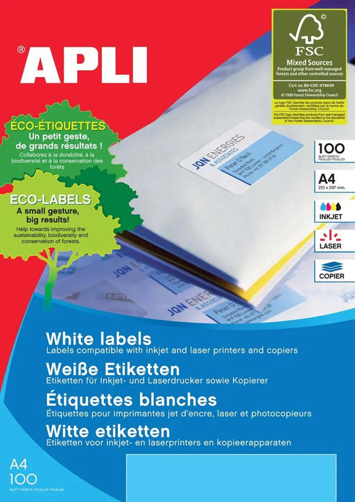 Apli Witte etiketten ft 63,5 x 46,6 mm (b x h), 1.800 stuks, 18 per blad (2415) - OfficeTown