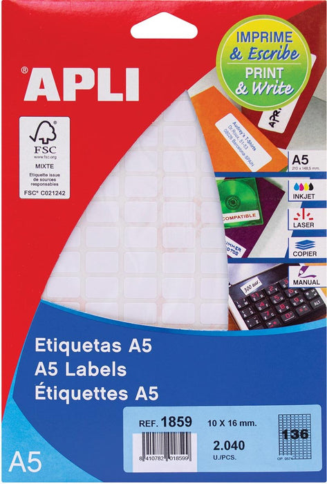 Apli witte etiketten met print & schrijf functie, 10 x 16 mm (b x h), 2.040 stuks, 136 per vel (1859) - OfficeTown