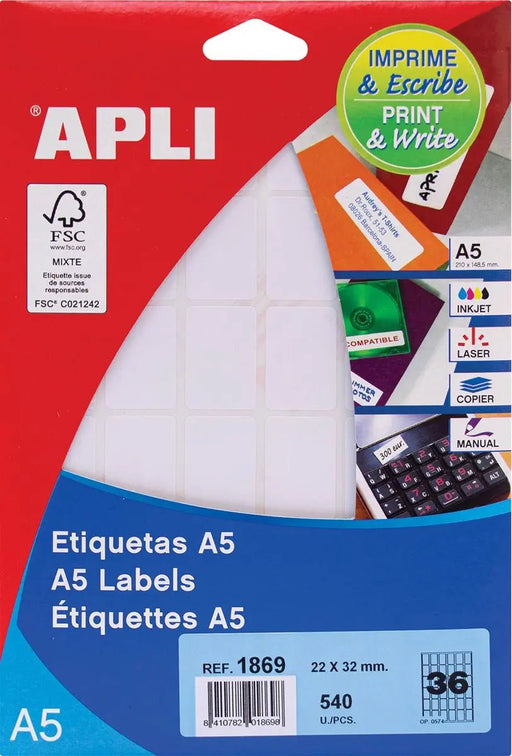 Apli witte etiketten Print & Write ft 22 x 32 mm (b x h), 540 stuks, 36 per blad (1869) - OfficeTown