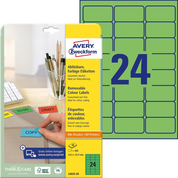 Avery afneembare gekleurde etiketten ft 63,5 x 33,9 mm (b x h), 480 stuks, 24 per blad, groen - OfficeTown