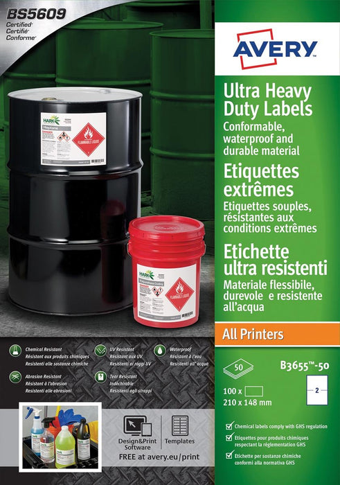 Avery Etiketten Ultra Heavy Duty, ft 210 x 148 mm, wit, pak van 100 etiketten - Avery Etiketten Ultra Heavy Duty, Wit, 100 stuks - OfficeTown