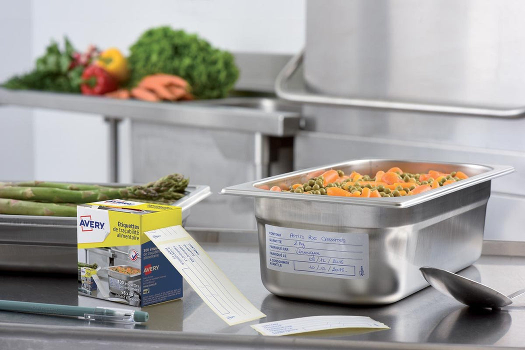 Avery etiketten voor voedselcodering, ft 98 x 40 mm, 1 rol met 300 afscheurbare etiketten in dispenser - OfficeTown