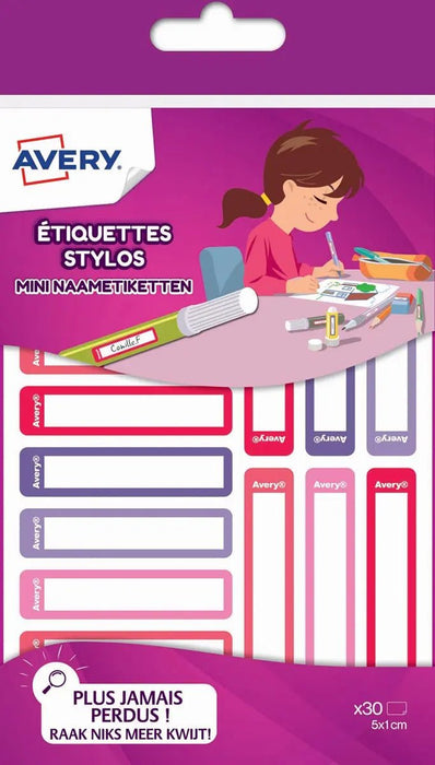 Avery Familie mini naamstickers, afm 5 x 1 cm, roze/paars, hangbare map met 30 stickers - OfficeTown