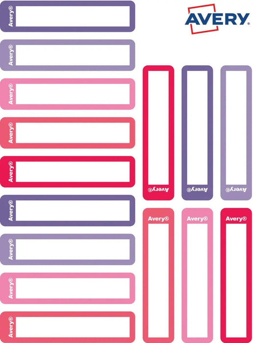 Avery Familie mini naamstickers, afm 5 x 1 cm, roze/paars, hangbare map met 30 stickers - OfficeTown