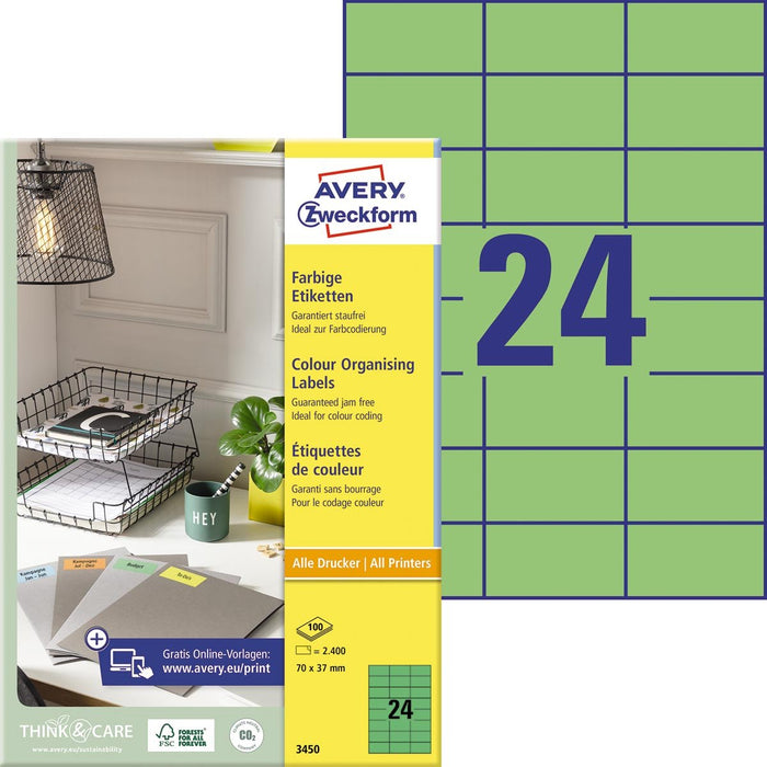 Avery gekleurde universele etiketten ft 70 x 37 mm (b x h), 2400 stuks, groen - OfficeTown