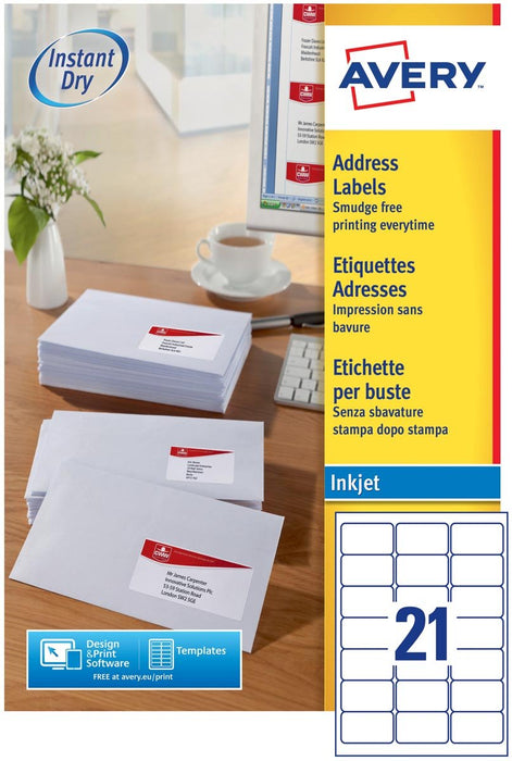 Avery J8160 - 100 adresstickers 63,5 x 38,1 mm (b x h), 2.100 stickers, wit - OfficeTown