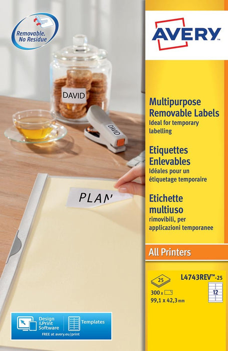 Avery L4743REV - 25 verwijderbare labels ft 99,1 x 42,5 mm, 300 labels, wit - OfficeTown