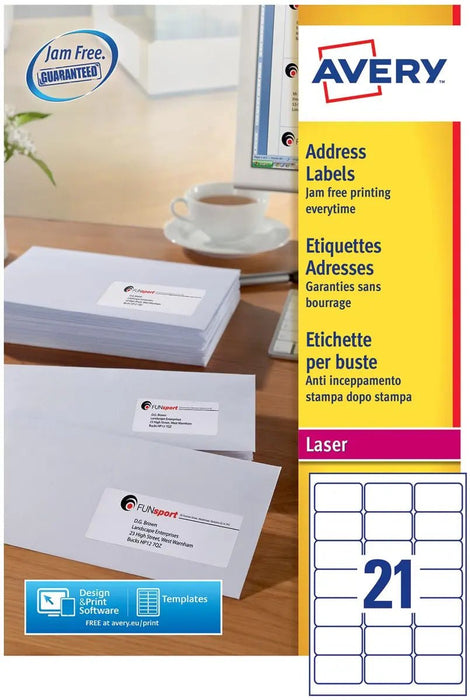 Avery L7160, Adresstickers, Laser, Ultragrip, wit, 250 vellen, 21 per vel, 63,5 x 38,1 mm - OfficeTown
