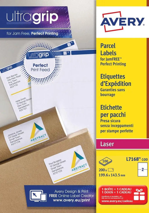 Avery L7168, Verzendetiketten, Laser, Ultragrip, wit, 100 vellen, 2 per vel, 199,6 x 143,5 mm - OfficeTown