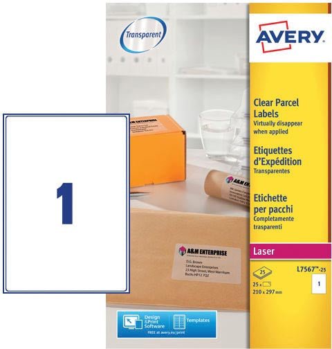 Avery L7567 - 25 verzendetiketten ft 210 x 297 mm (b x h), 25 etiketten, transparant - OfficeTown