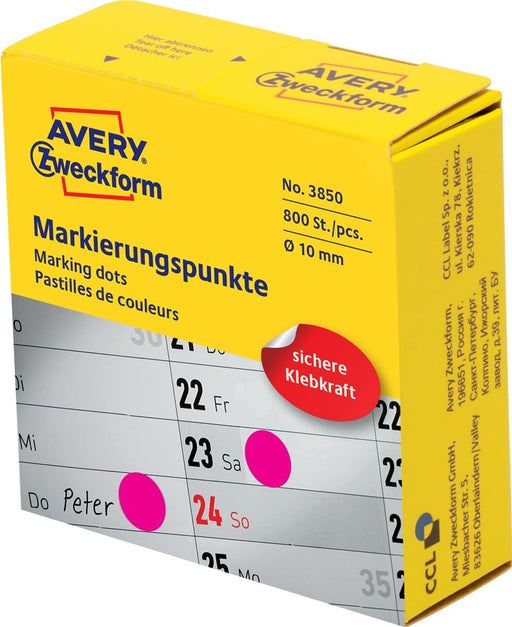Avery markering stippen, 10 mm diameter, rol van 800 stuks, roze - OfficeTown