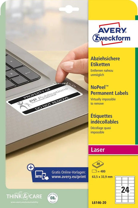 Avery Onverwijderbare etiketten met de afmetingen 63,5 x 33,9 mm, 24 etiketten per blad, 480 stuks, wit - OfficeTown