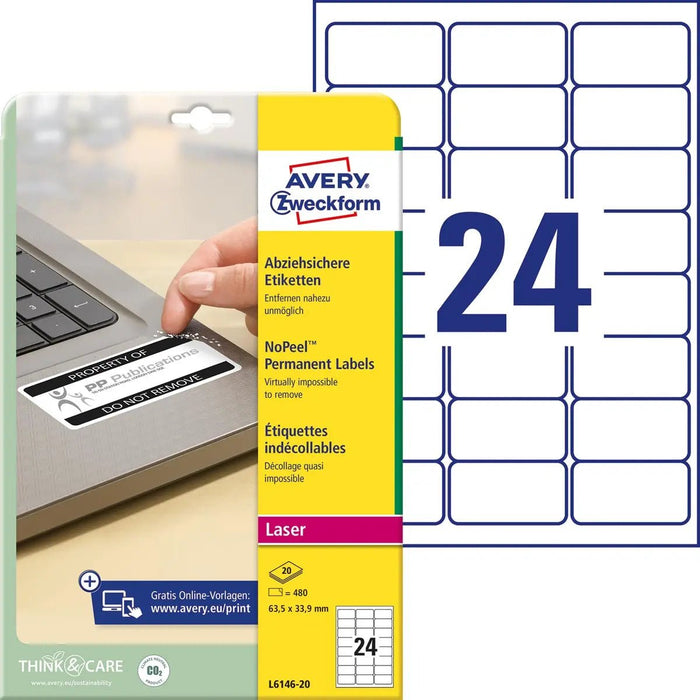 Avery Onverwijderbare etiketten met de afmetingen 63,5 x 33,9 mm, 24 etiketten per blad, 480 stuks, wit - OfficeTown