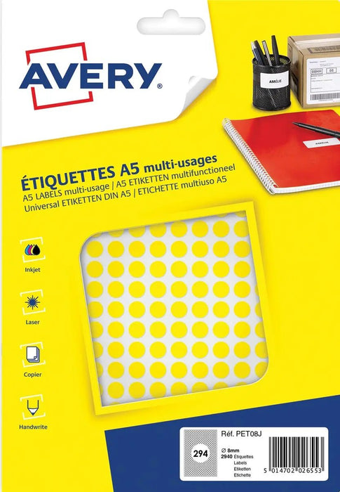 Avery PET08J ronde markeringsetiketten voor diverse toepassingen, geel - OfficeTown